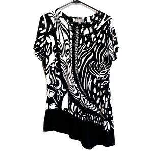❤️ JM Collection Tunic Top Blouse Pattern Rhinestone Asymmetrical Hem Womens M